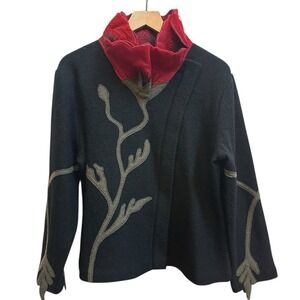 CoVelo Poppy Flower Jacket Women's Large Wool Organza Collar Art To Wear